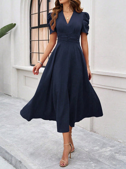 Cecily - Women's V-Neck Midi Dress with Puff Sleeves and Ruched Waist - photo 22