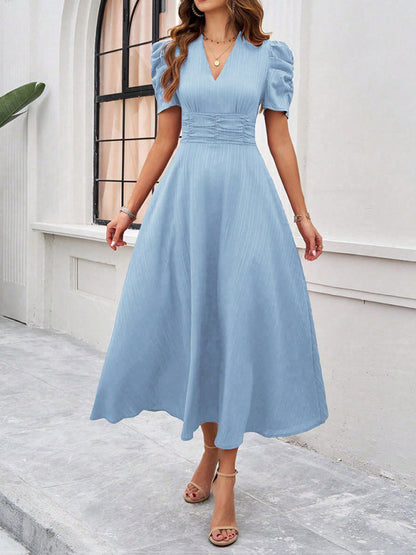 Cecily - Women's V-Neck Midi Dress with Puff Sleeves and Ruched Waist - photo 28
