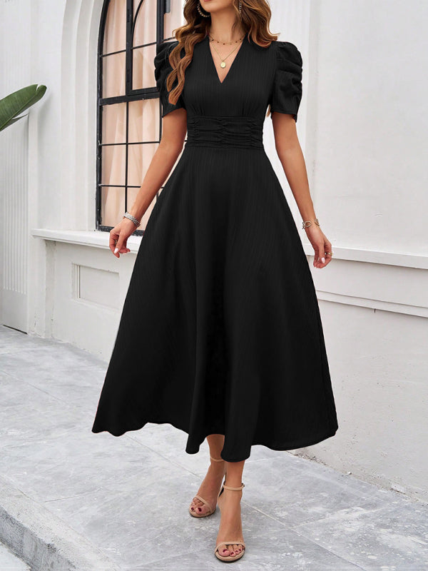 Cecily - Women's V-Neck Midi Dress with Puff Sleeves and Ruched Waist - photo 29