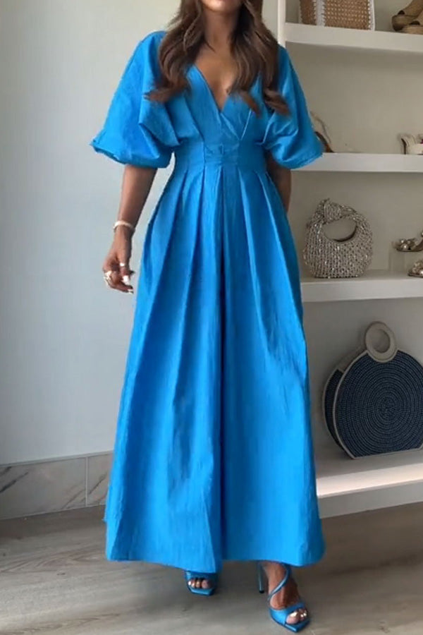 April - Women's Pleated Wide Puff Sleeve Midi Dress - photo 4