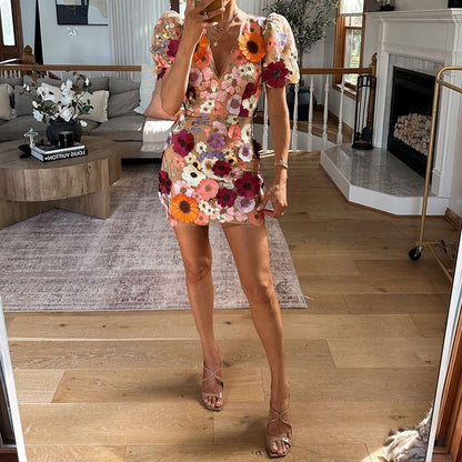 Josette - Women's Floral Mini Dress with Puff Sleeves - photo 4