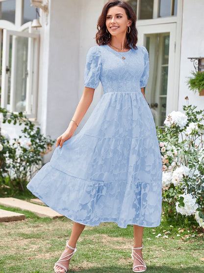 Elly - Women's Smocked Bodice Midi Dress with Puff Sleeves and Tiered Skirt - photo 16