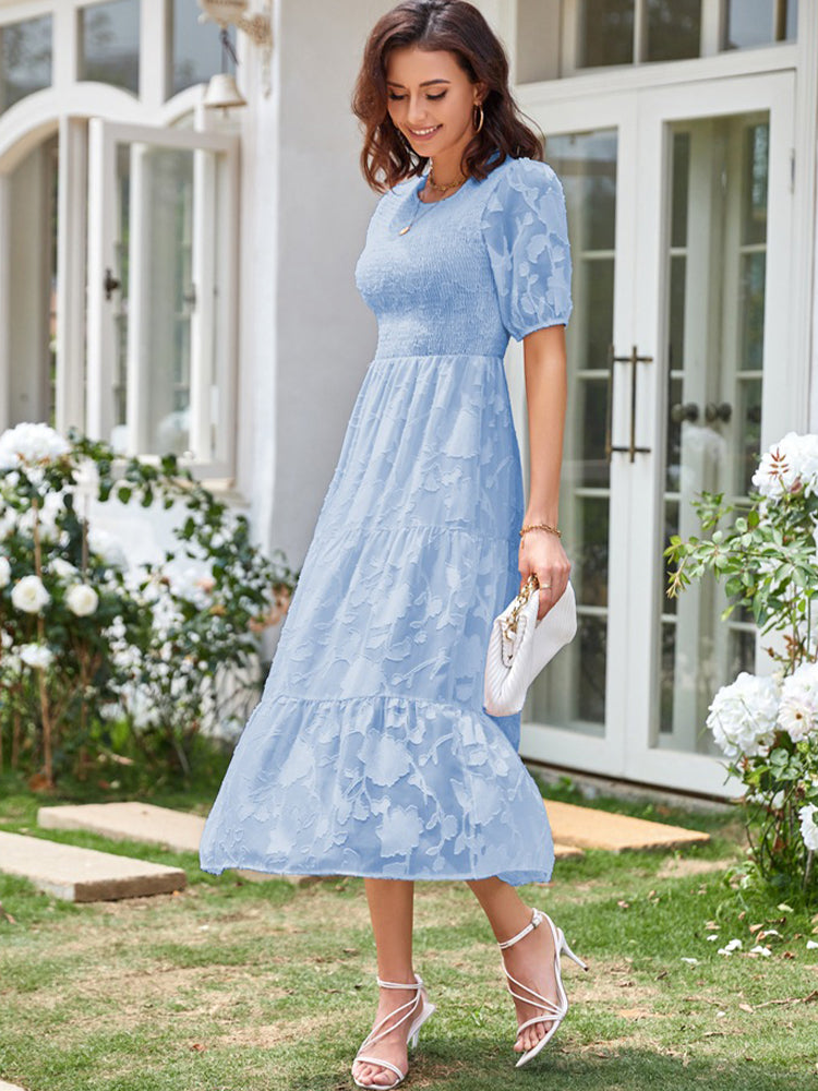 Elly - Women's Smocked Bodice Midi Dress with Puff Sleeves and Tiered Skirt - photo 17