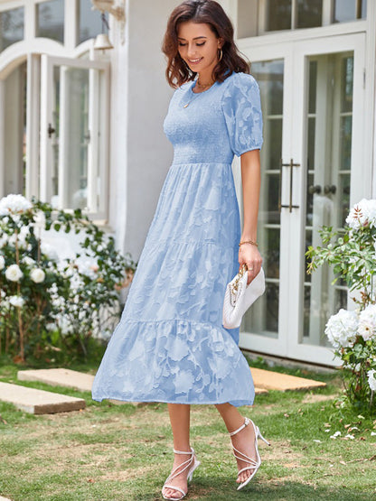 Elly - Women's Smocked Bodice Midi Dress with Puff Sleeves and Tiered Skirt - photo 17