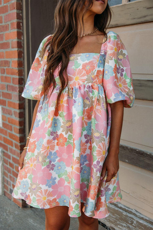 Nina - Women's Floral Puff Sleeve Square Neck Babydoll Dress - photo 1