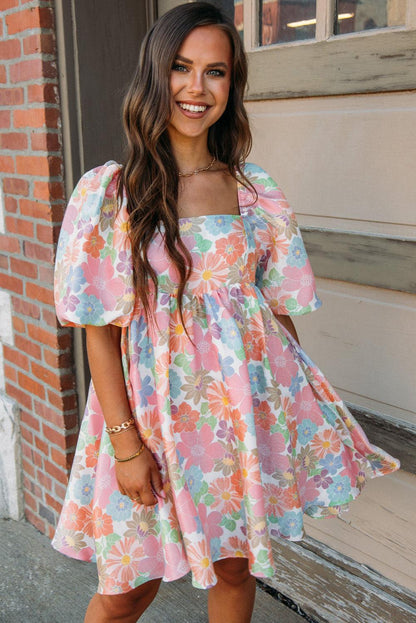 Nina - Women's Floral Puff Sleeve Square Neck Babydoll Dress - photo 3