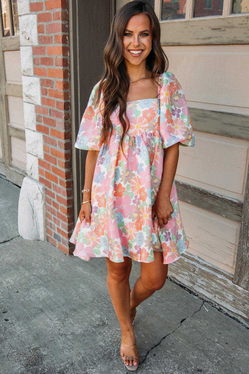 Nina - Women's Floral Puff Sleeve Square Neck Babydoll Dress - photo 5