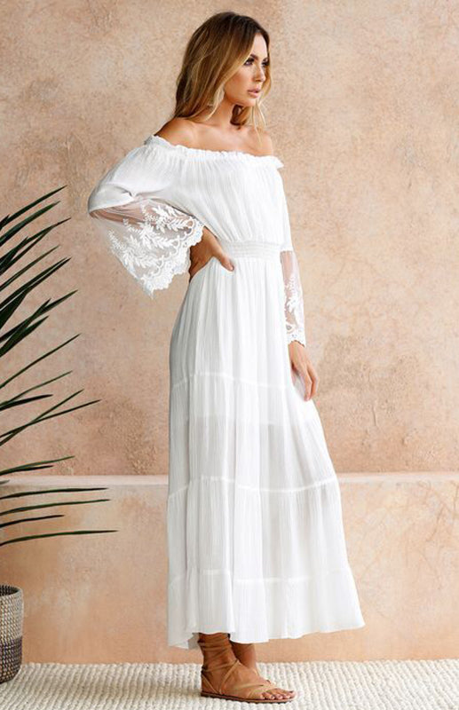 Adelaide - Women's Off-Shoulder Maxi Dress with Lace Sleeves and Tiered Skirt - photo 4