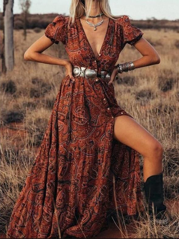 Coraline - Women's Bohemian Maxi Dress with Paisley Print and V-Neck - photo 1