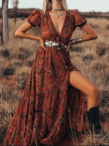 Coraline - Women's Bohemian Maxi Dress with Paisley Print and V-Neck - photo 1