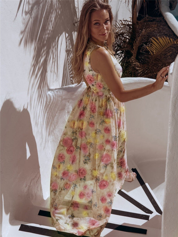Greta - Women's Floral Print Maxi Dress with High Slit and Sleeveless Design - photo 6