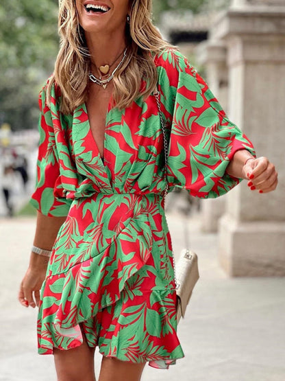Elena - Women's Tropical Print Mini Dress with Deep V-Neck and Puff Sleeves - photo 4