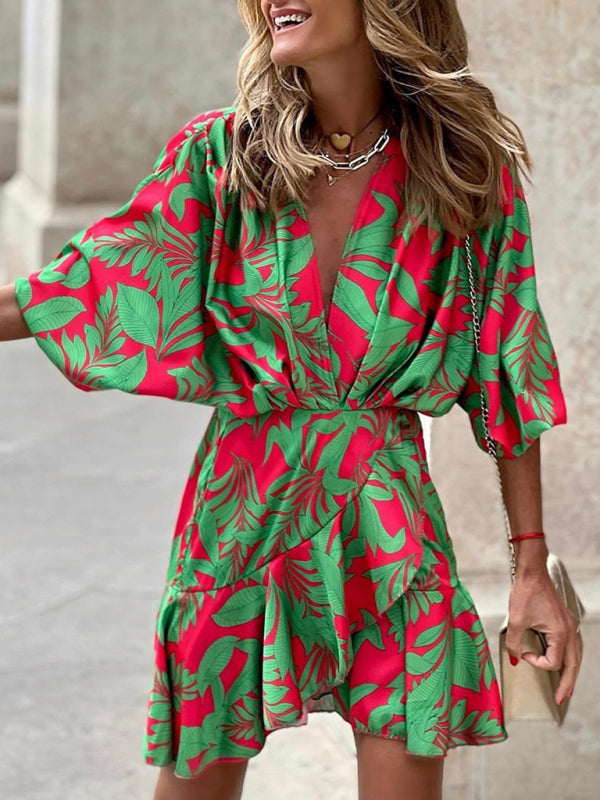 Elena - Women's Tropical Print Mini Dress with Deep V-Neck and Puff Sleeves - photo 3