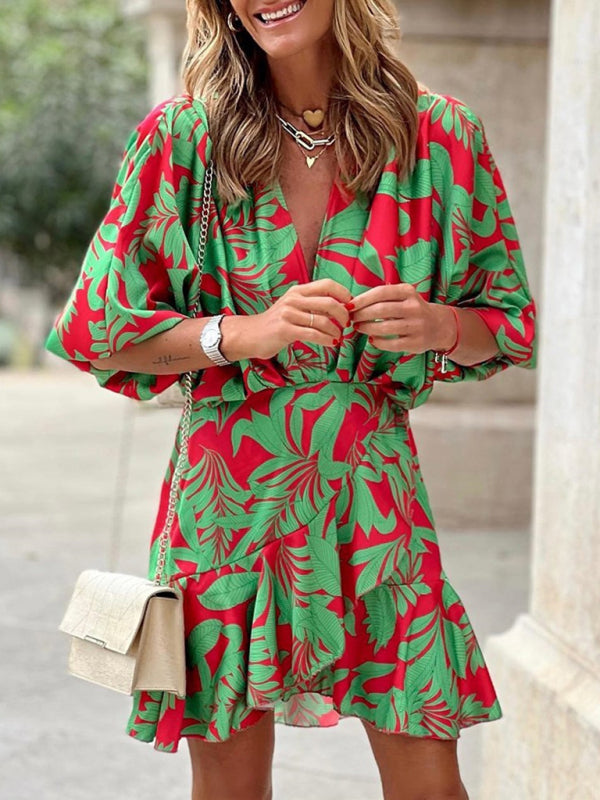 Elena - Women's Tropical Print Mini Dress with Deep V-Neck and Puff Sleeves - photo 1