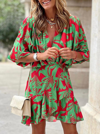 Elena - Women's Tropical Print Mini Dress with Deep V-Neck and Puff Sleeves - photo 1