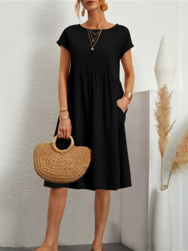 Celia - Women's Solid Print A-Line Dress with Round Neck and Short Sleeves - photo 7