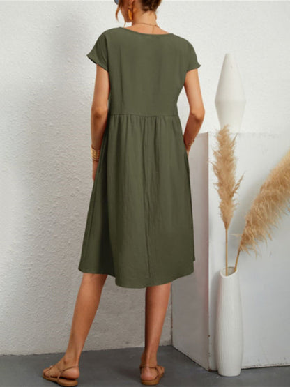Celia - Women's Solid Print A-Line Dress with Round Neck and Short Sleeves - photo 6
