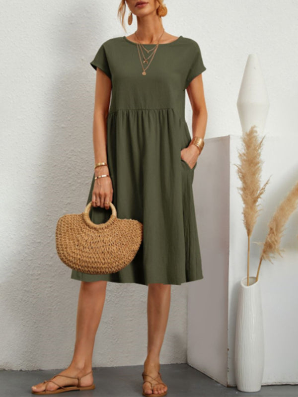 Celia - Women's Solid Print A-Line Dress with Round Neck and Short Sleeves - photo 5