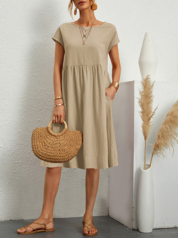 Celia - Women's Solid Print A-Line Dress with Round Neck and Short Sleeves - photo 2