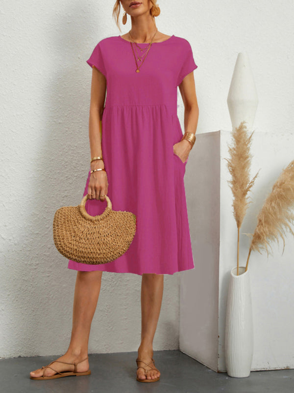 Celia - Women's Solid Print A-Line Dress with Round Neck and Short Sleeves - photo 3