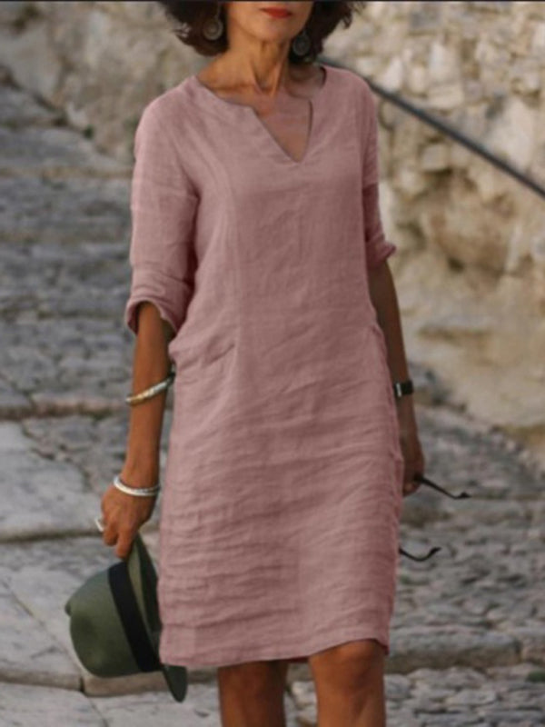 Mila - V-Neck Cotton Linen Dress with Mid Sleeves and Slim Fit - photo 3
