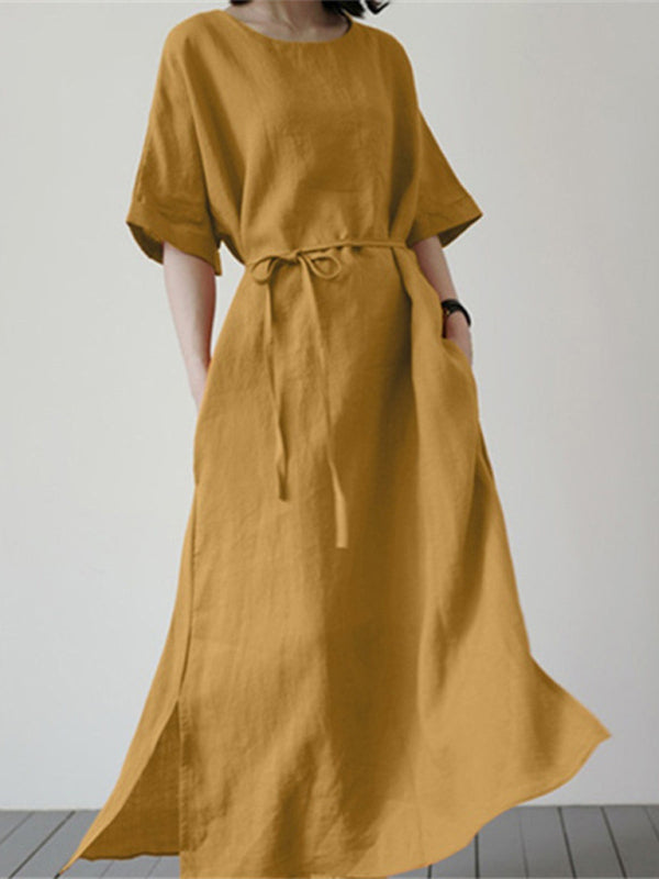 Nell - Women's Loose Dress with Belt and Side Slit (Plus Size Available) - photo 4