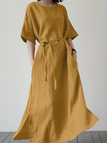 Nell - Women's Loose Dress with Belt and Side Slit (Plus Size Available) - photo 4