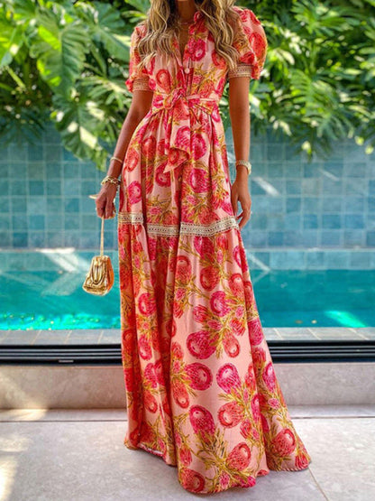Ella - Women's Bohemian Maxi Dress with Floral Print and Puff Sleeves - photo 1