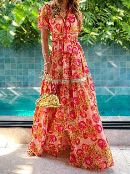 Ella - Women's Bohemian Maxi Dress with Floral Print and Puff Sleeves - photo 3