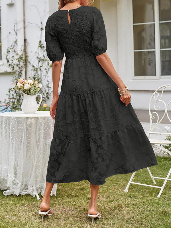 Elly - Women's Smocked Bodice Midi Dress with Puff Sleeves and Tiered Skirt - photo 2