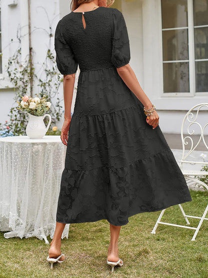Elly - Women's Smocked Bodice Midi Dress with Puff Sleeves and Tiered Skirt - photo 2