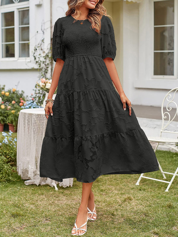 Elly - Women's Smocked Bodice Midi Dress with Puff Sleeves and Tiered Skirt - photo 4