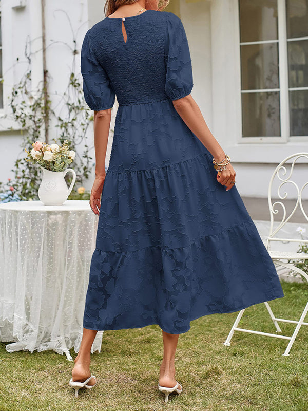 Elly - Women's Smocked Bodice Midi Dress with Puff Sleeves and Tiered Skirt - photo 10