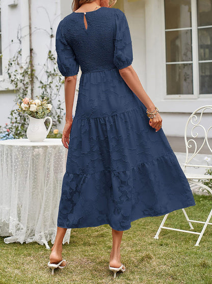 Elly - Women's Smocked Bodice Midi Dress with Puff Sleeves and Tiered Skirt - photo 10