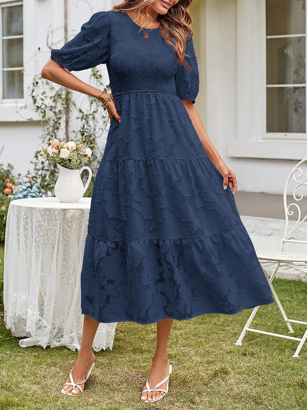 Elly - Women's Smocked Bodice Midi Dress with Puff Sleeves and Tiered Skirt - photo 11