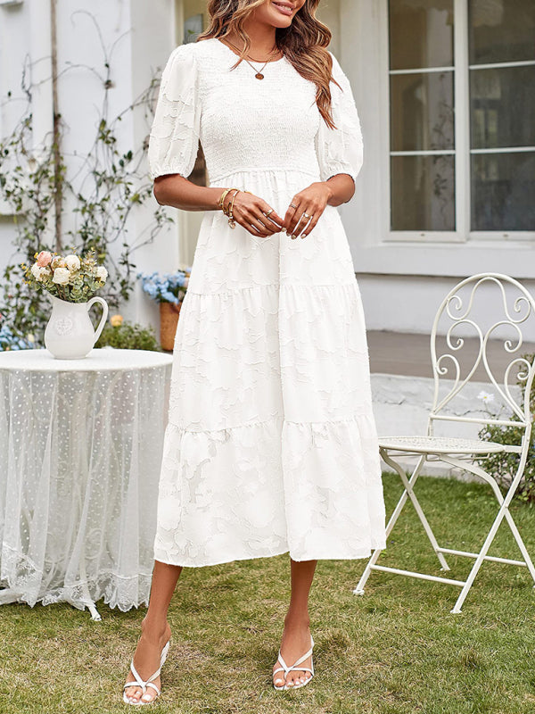 Elly - Women's Smocked Bodice Midi Dress with Puff Sleeves and Tiered Skirt - photo 7