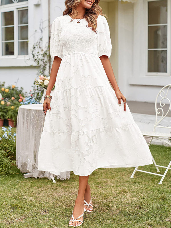 Elly - Women's Smocked Bodice Midi Dress with Puff Sleeves and Tiered Skirt - photo 5