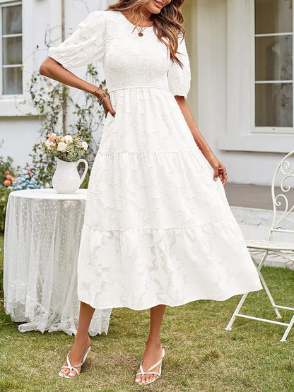 Elly - Women's Smocked Bodice Midi Dress with Puff Sleeves and Tiered Skirt - photo 8