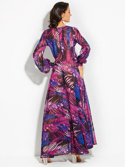 Carmen - Women's Tropical Leaf Print Maxi Dress with Lantern Sleeves - photo 4