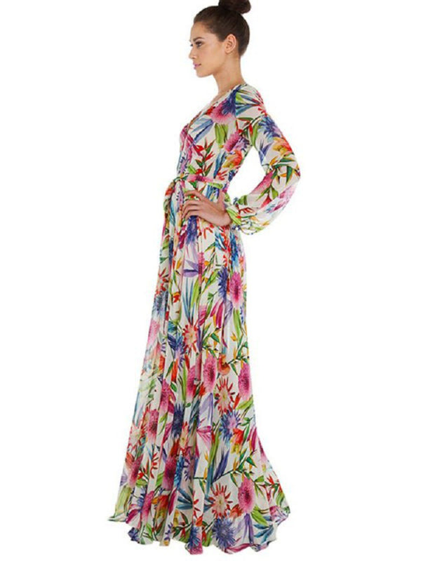 Carmen - Women's Tropical Leaf Print Maxi Dress with Lantern Sleeves - photo 8