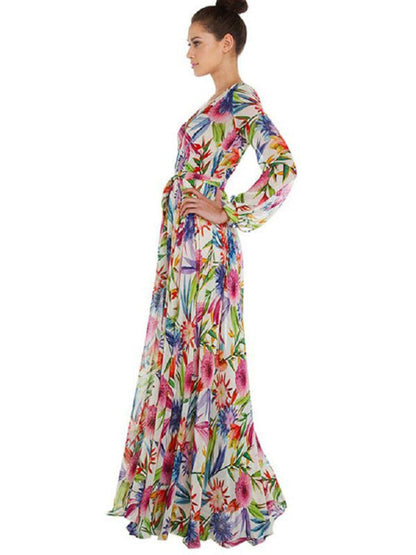 Carmen - Women's Tropical Leaf Print Maxi Dress with Lantern Sleeves - photo 8
