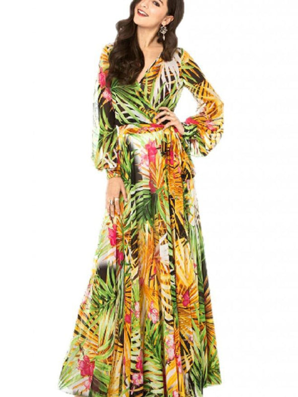 Carmen - Women's Tropical Leaf Print Maxi Dress with Lantern Sleeves - photo 5