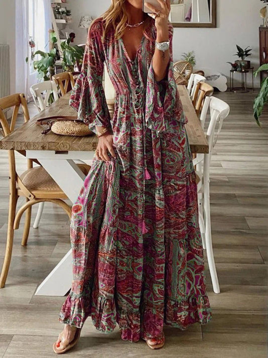 Abigail - Women's Bohemian Maxi Dress with Paisley Print and Trumpet Sleeves - photo 2