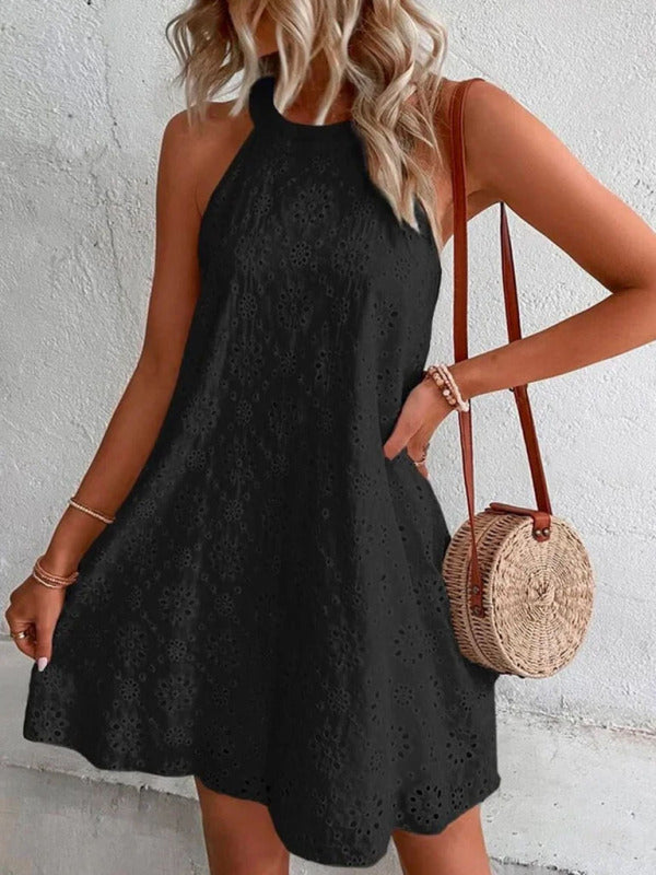 Georgia - Women's Eyelet Mini Dress with Halter Neckline and Floral Pattern - photo 6