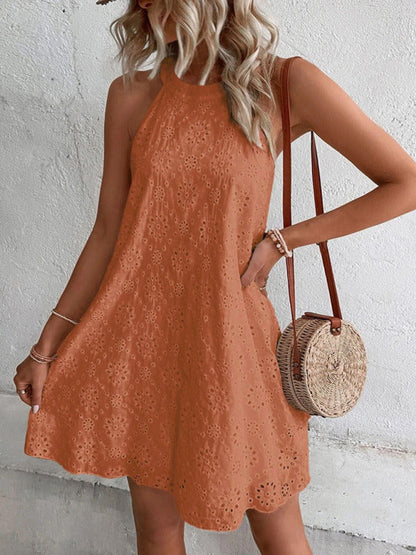 Georgia - Women's Eyelet Mini Dress with Halter Neckline and Floral Pattern - photo 7