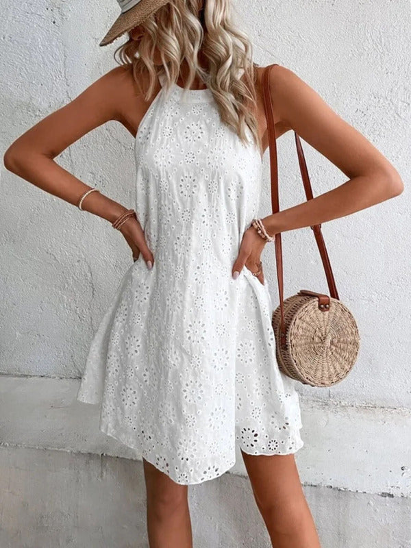 Georgia - Women's Eyelet Mini Dress with Halter Neckline and Floral Pattern - photo 5