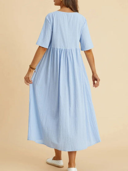 Cora - Women's Loose Fit Midi Dress with Round Neck and Gathered Waist - photo 4