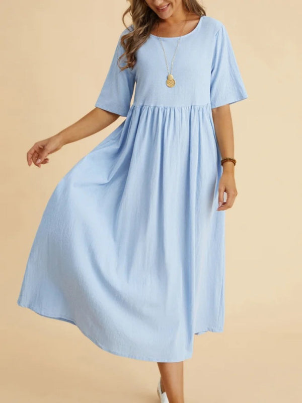 Cora - Women's Loose Fit Midi Dress with Round Neck and Gathered Waist - photo 3