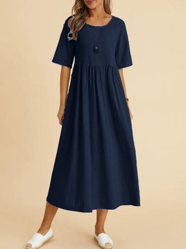 Cora - Women's Loose Fit Midi Dress with Round Neck and Gathered Waist - photo 8