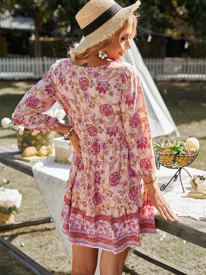 Maya - Women's Bohemian Floral Print Dress with V-Neck and Tiered Skirt - photo 3